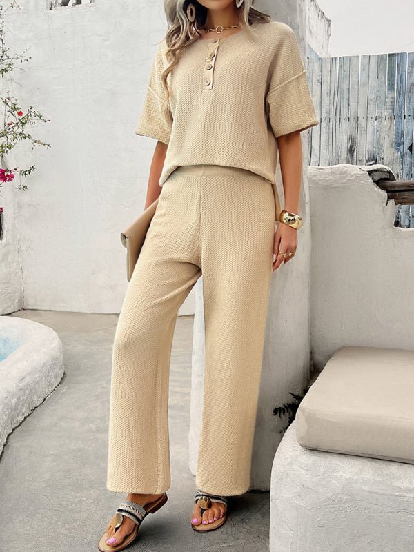 New spring and summer casual solid color knitted short - sleeved trousers suit - Pant Suit